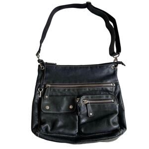 Fossil Sutton Black Leather Large Crossbody Shoulder Bag Multi Pocket Zip Purse